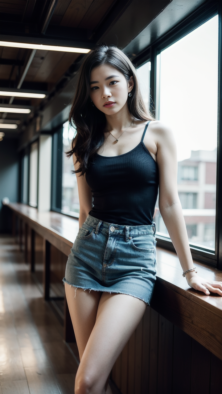 牛仔短裙与吊带背心的完美碰撞瞬间让女孩魅力无限高清写真图片